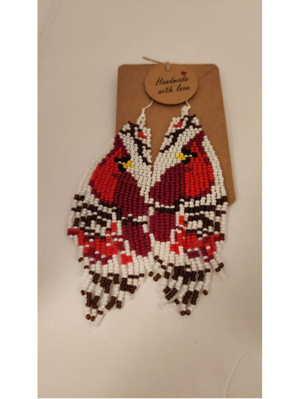 Artisan Handcrafted Cardinal Bird Beaded Fringe Earrings